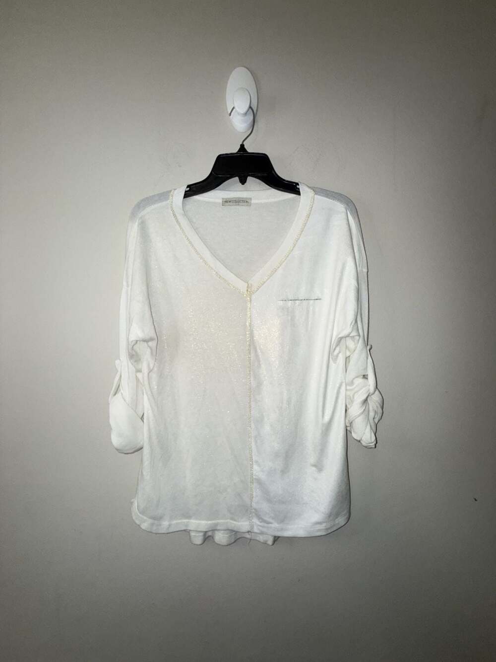 New Collection White V-Neck Sparkle Blouse with Roll-Up Sleeves